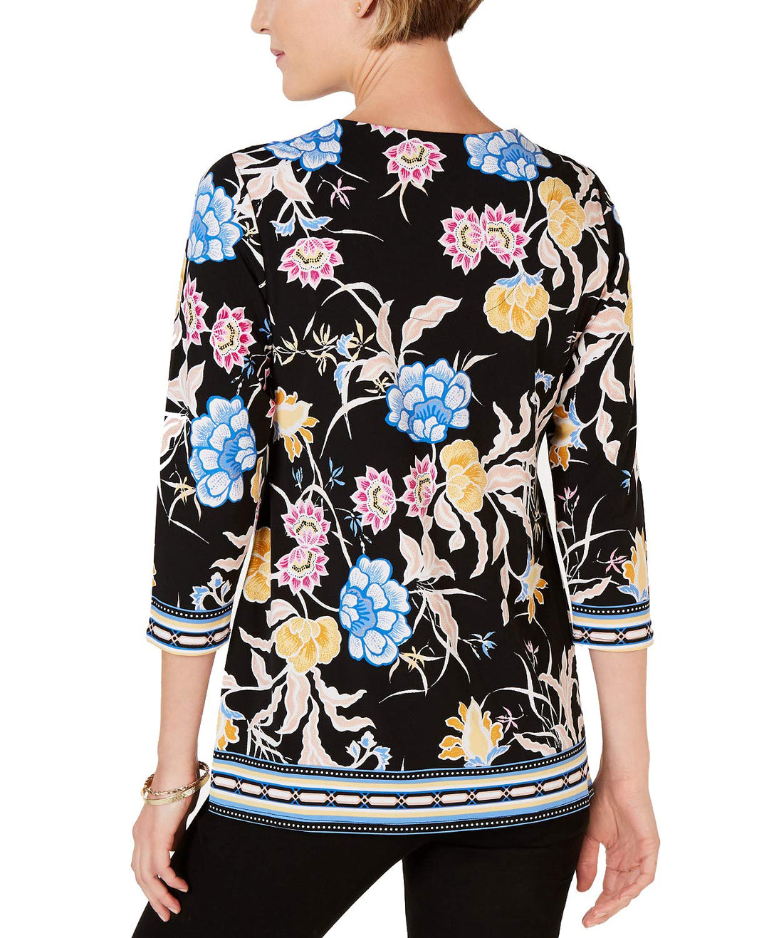 JM Collection Petite Printed Embellished Tunic (Batik Botanical, P/XS)