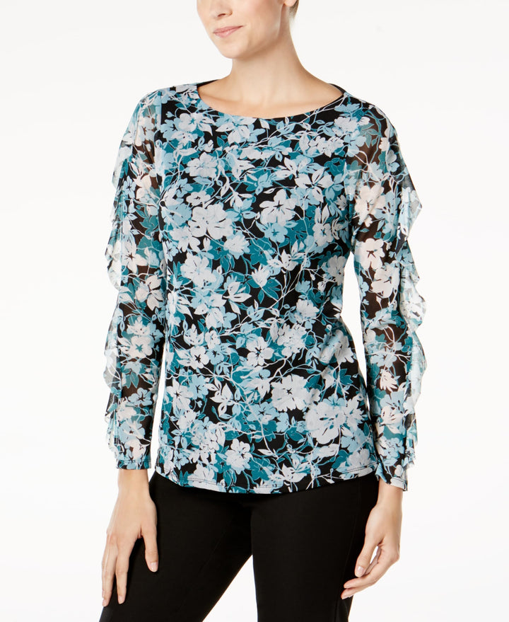 Charter Club Floral Print Ruffled Sleeve Mesh Top