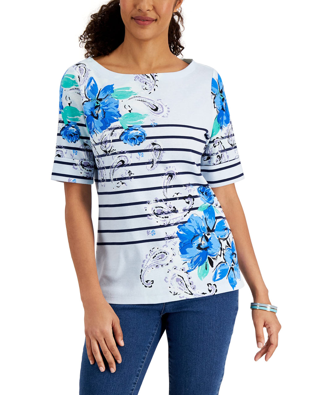 Karen Scott Petite Striped Floral Print Top