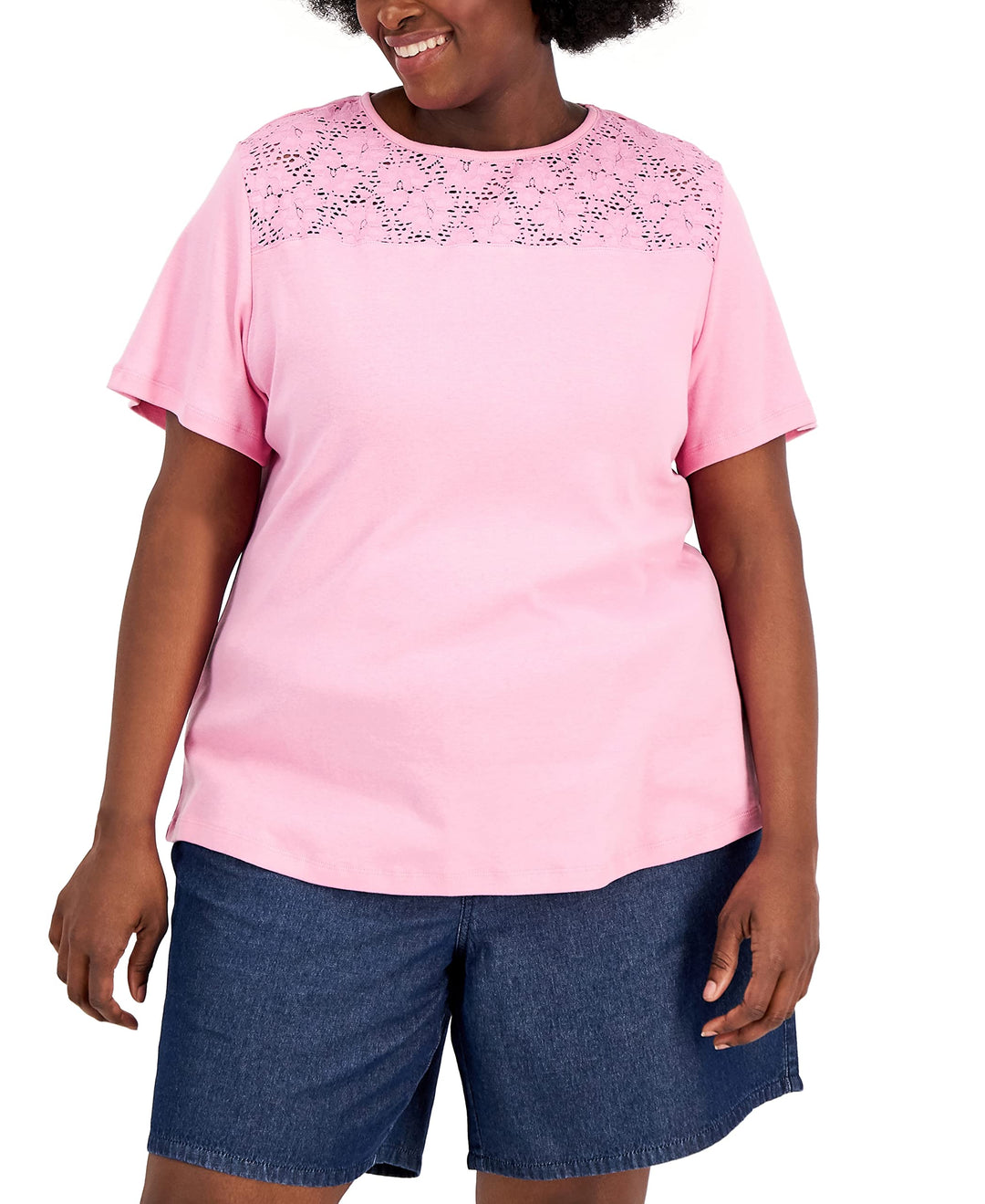 Karen Scott Plus Size Cotton Crochet Yoke Top