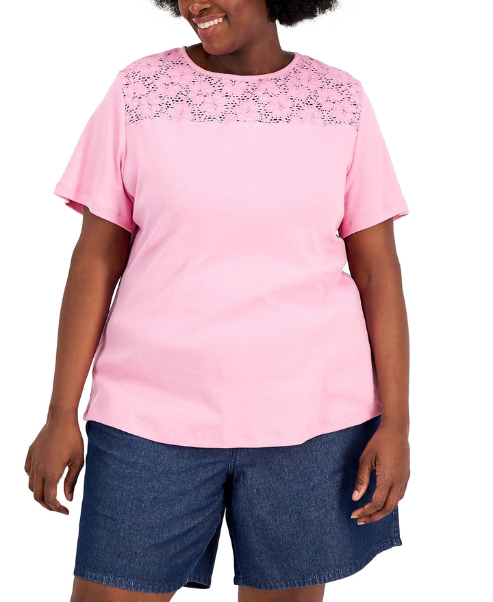 Karen Scott Plus Size Cotton Crochet Yoke Top