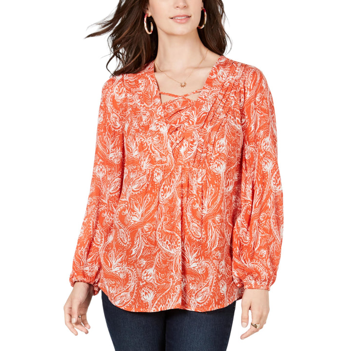 Style & Co Printed Pintucked Lace Up Top