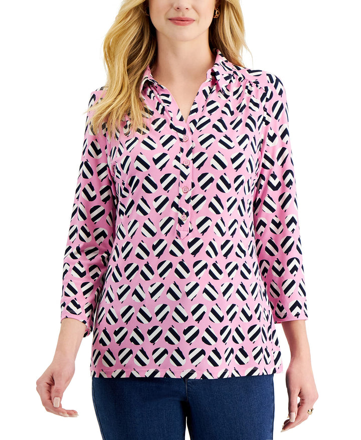 Charter Club Womens Printed Quarter Button Top