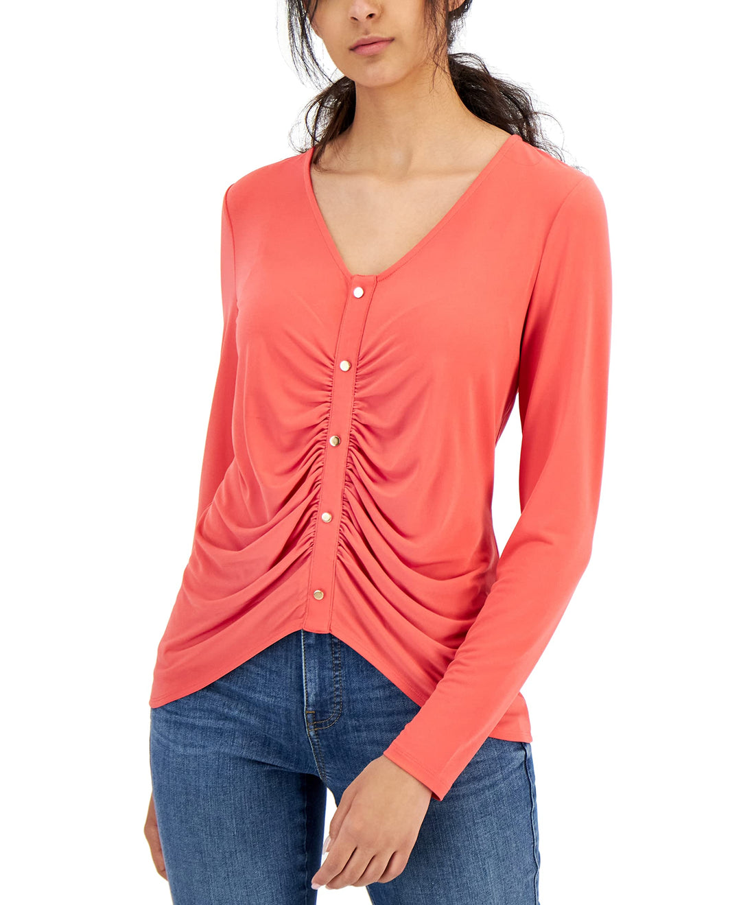 INC International Concepts Womens Ruched Button Detail Long Sleeve Top