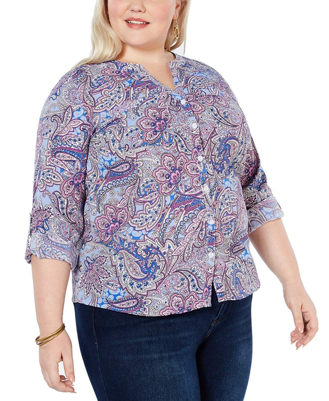 NY Collection Plus Size Printed Roll Tab Sleeve Utility Shirt