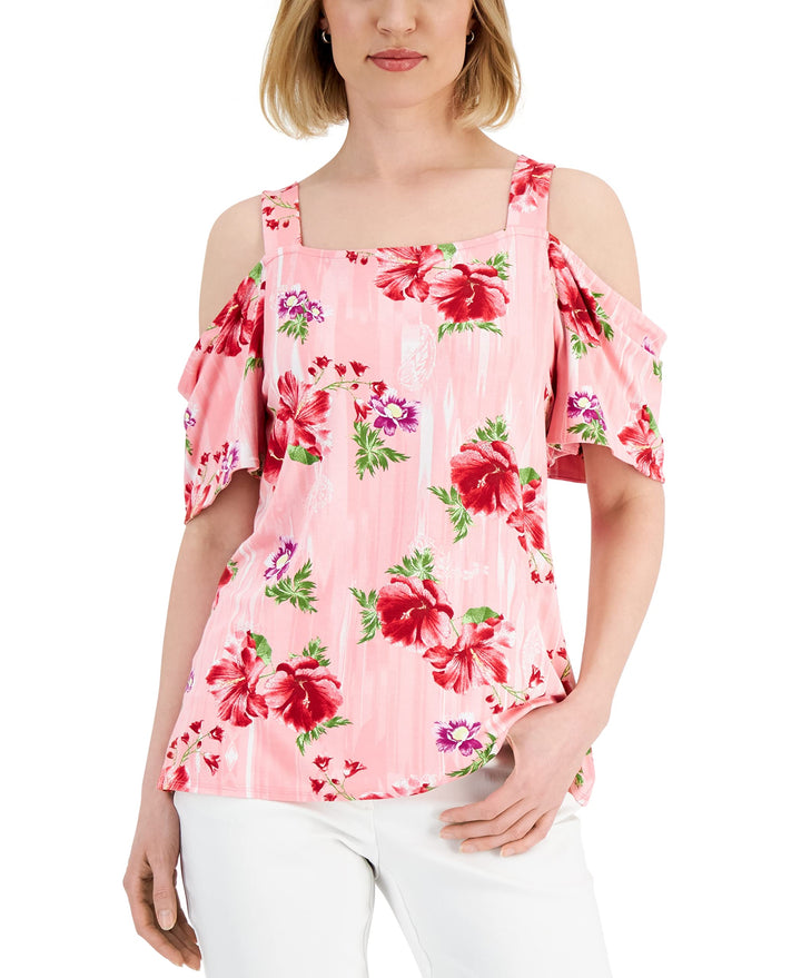 JM Collection Womens Printed Cold-Shoulder Top