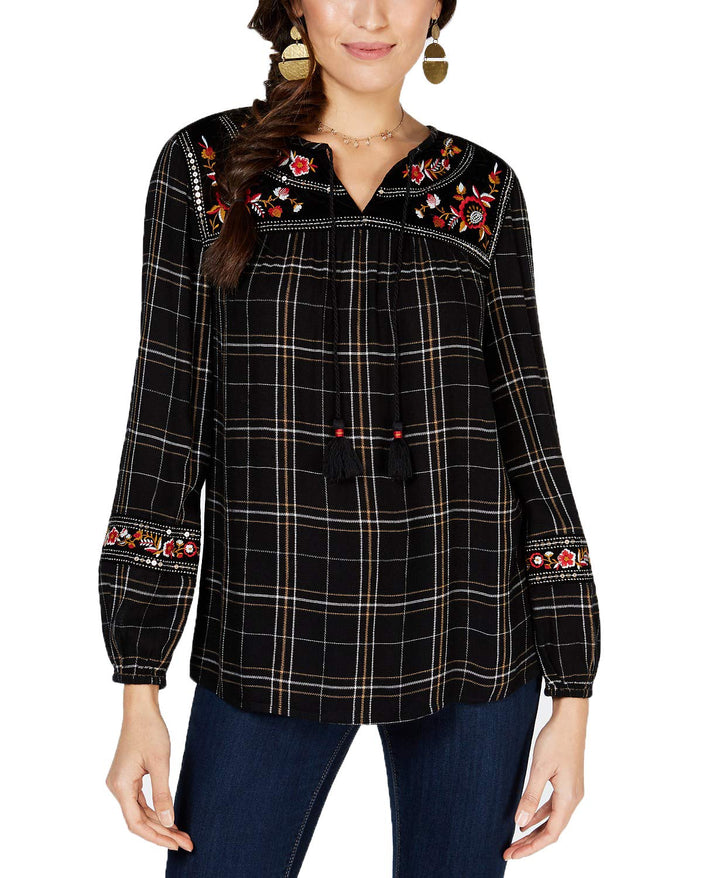 Embroidered Plaid Peasant Top