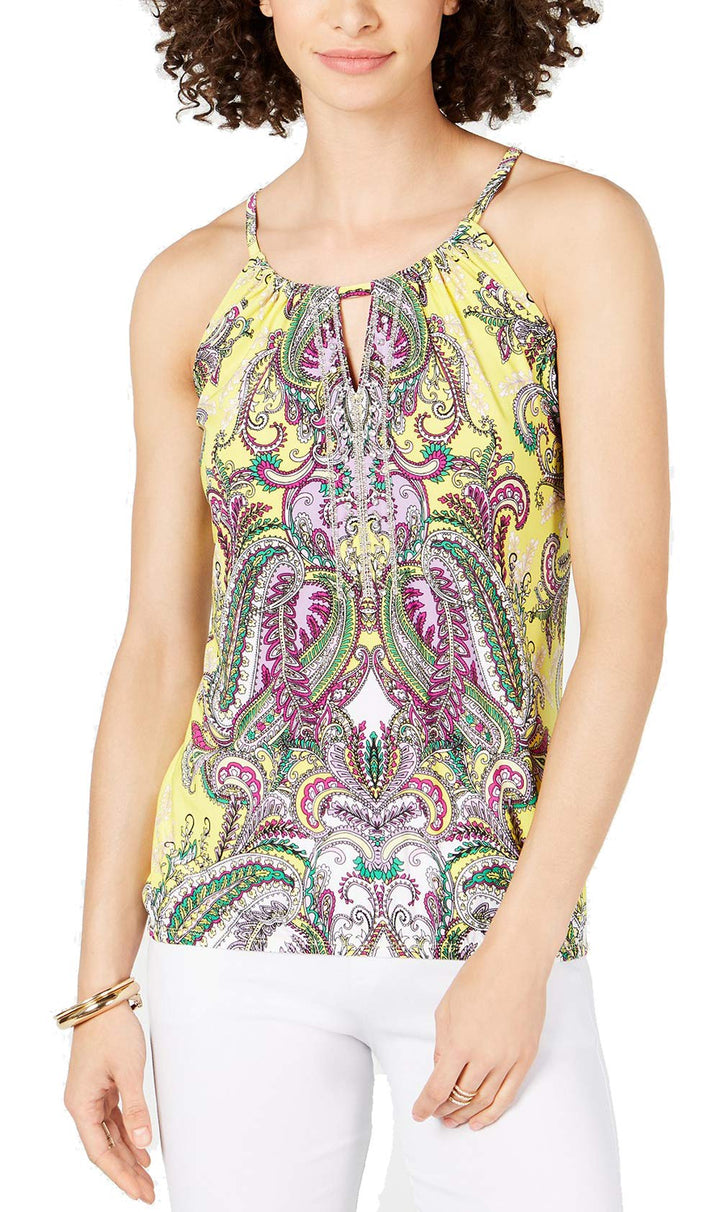 Petite Embellished Keyhole Neck Printed Top