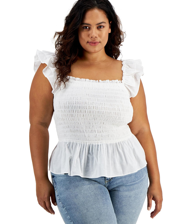 INC International Concepts Plus Size Cotton Smocked Ruffled Top