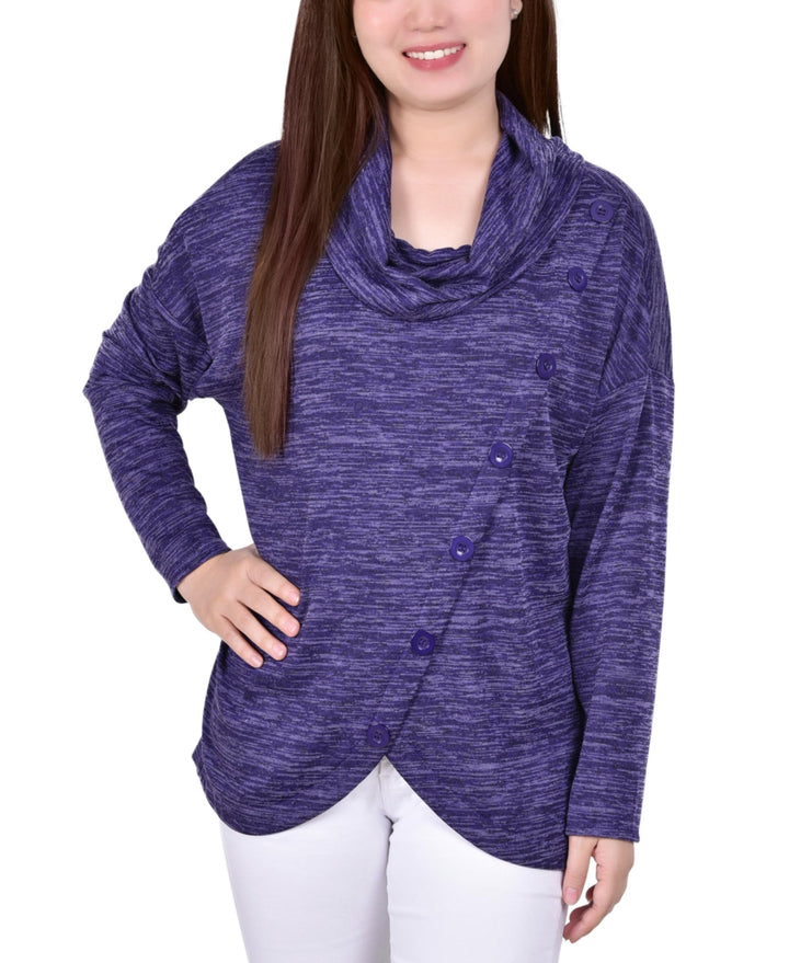 Petite Long Sleeve Cowl Neck Pullover With Buttons Top
