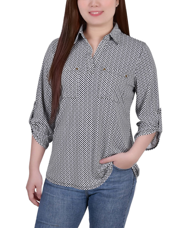 Women's 3/4 Ruched Sleeve Studded Y-neck Top