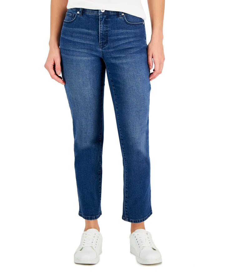 Style & Co Petite Mid Rise Natural Ripped Straight Leg Jeans