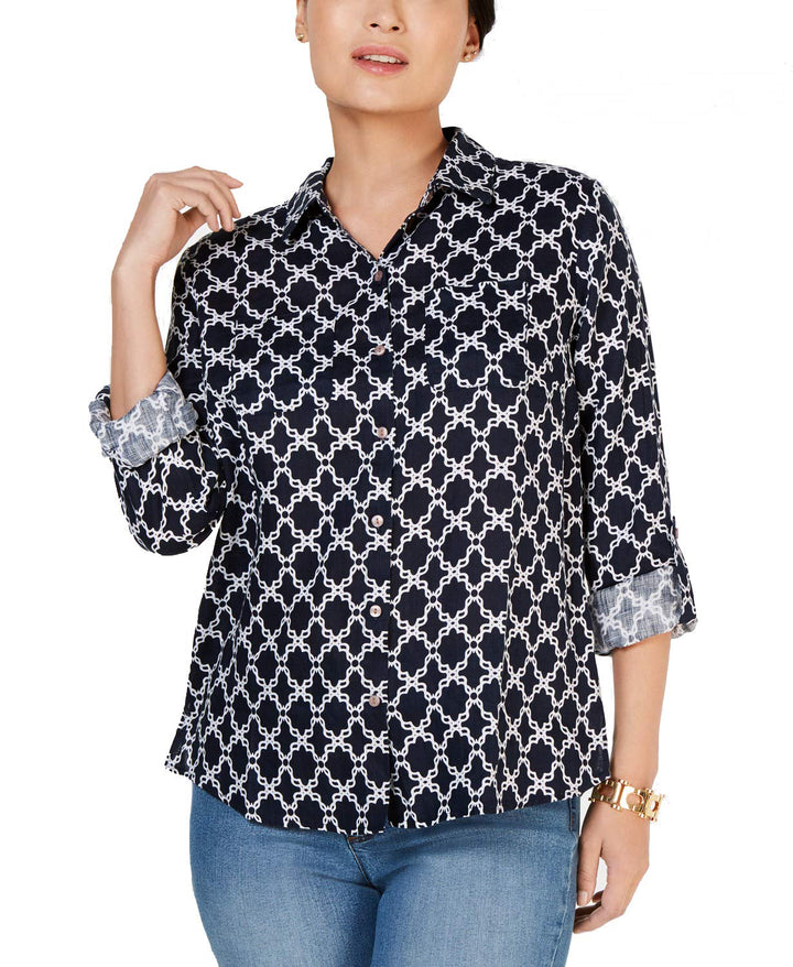Charter Club Linen Printed Roll Tab Blouse