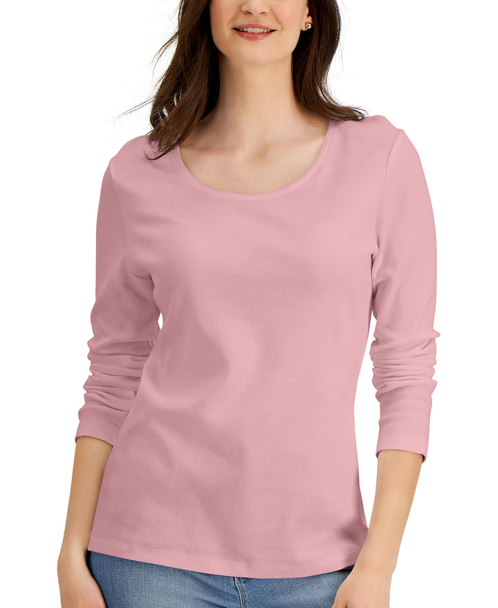 Long Sleeve Cotton Scoop-Neckline Top