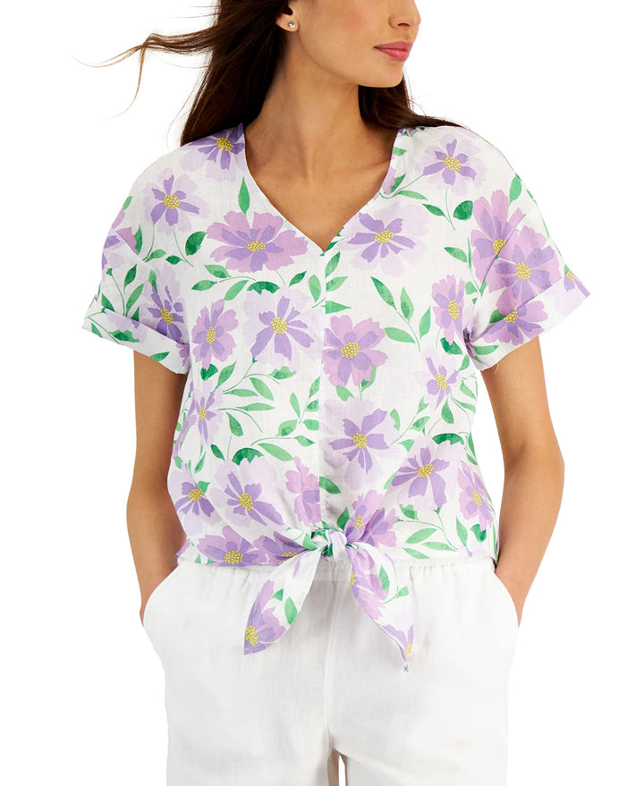 Charter Club Petite Floral Linen Tie Front Top