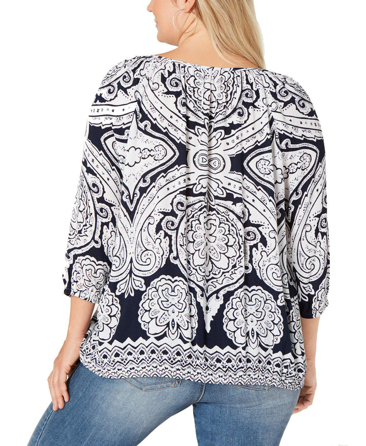 Plus Size Printed Keyhole Detail Top