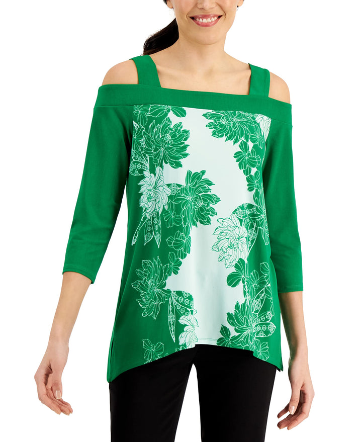 JM Collection Floral Print Cold Shoulder Top