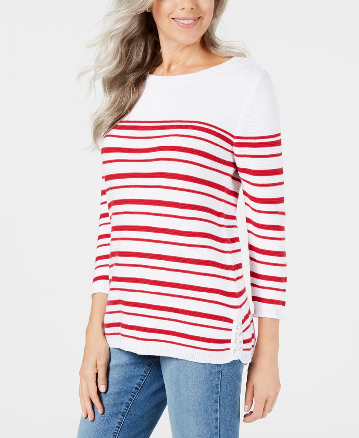 Karen Scott Striped Cotton Lace Up Sweater