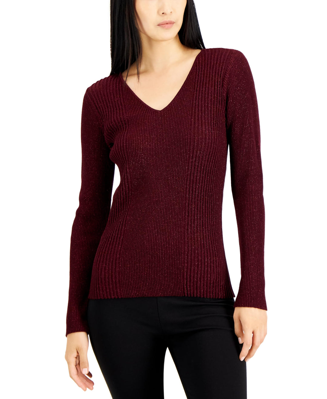 Alfani Womens Metallic Ribbed V Neck Sweater