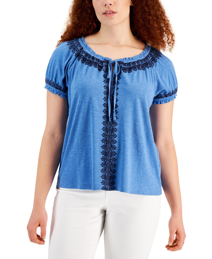 Style & Co Petite Embroidered Trim Tie Neck Top
