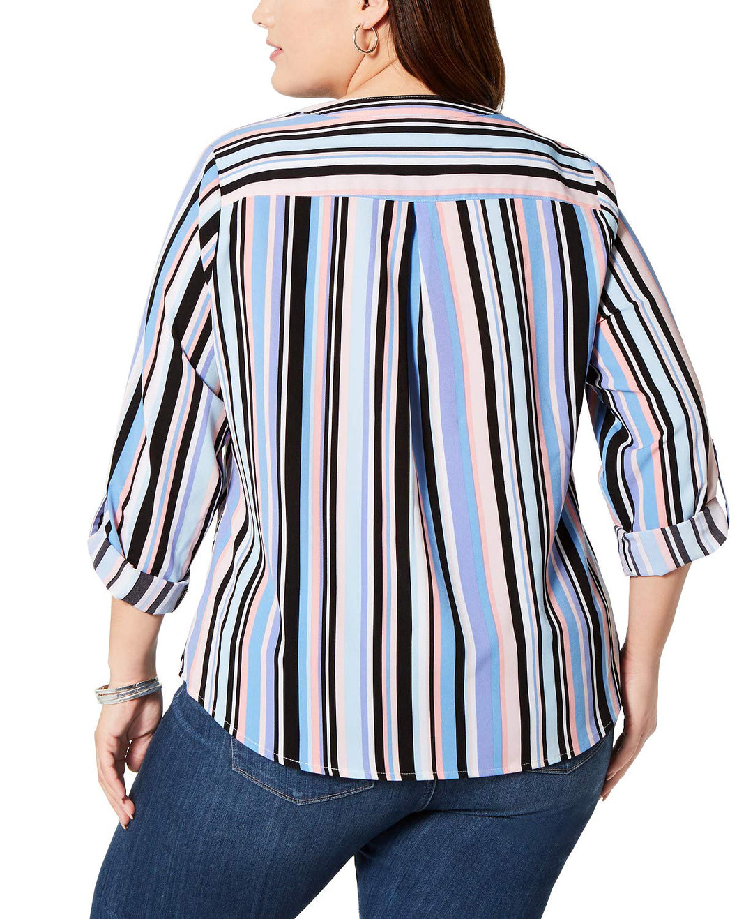 NY Collection Plus Size Printed Button Front Roll Tab Shirt