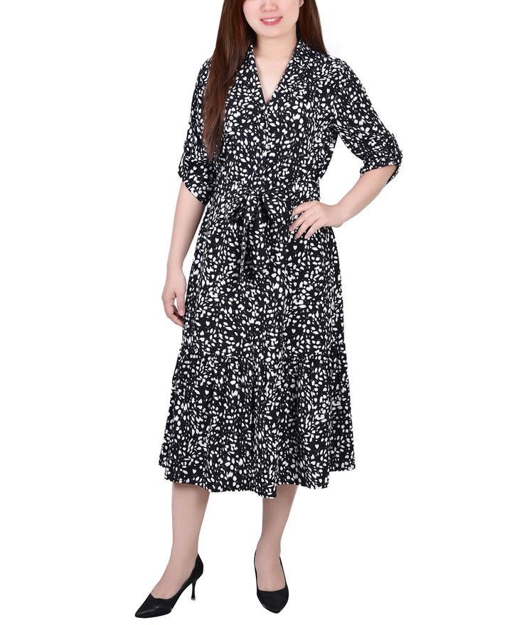 NY Collection Petite Long Sleeve Tiered Dress With Belt
