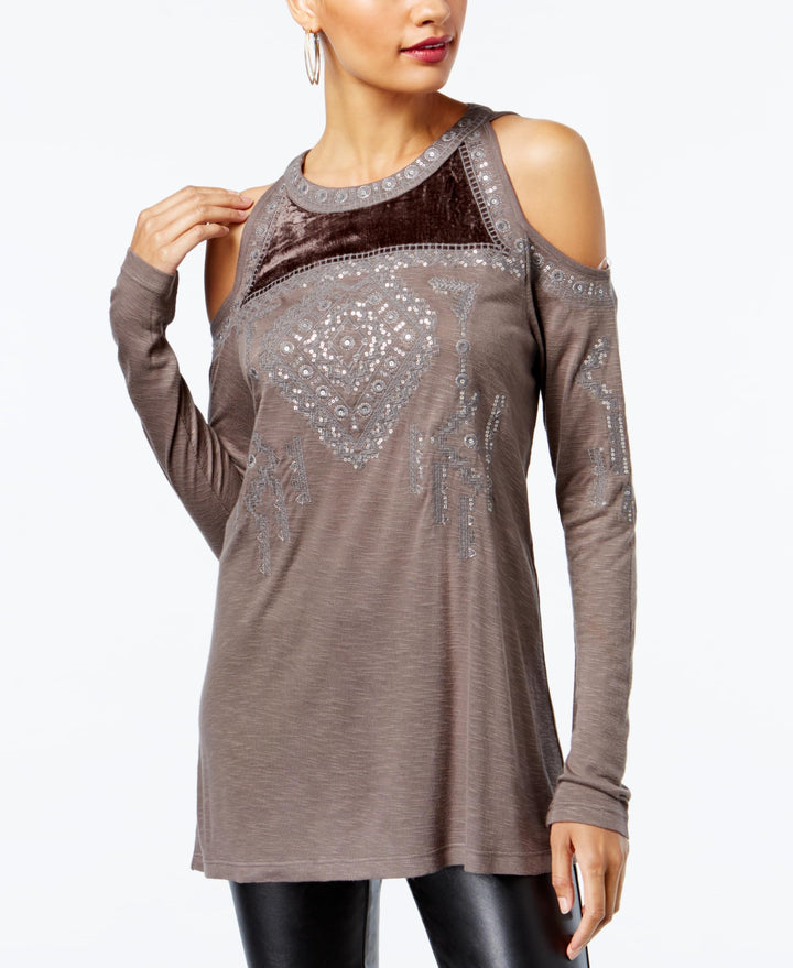 Petite Velvet Trim Cold Shoulder Top