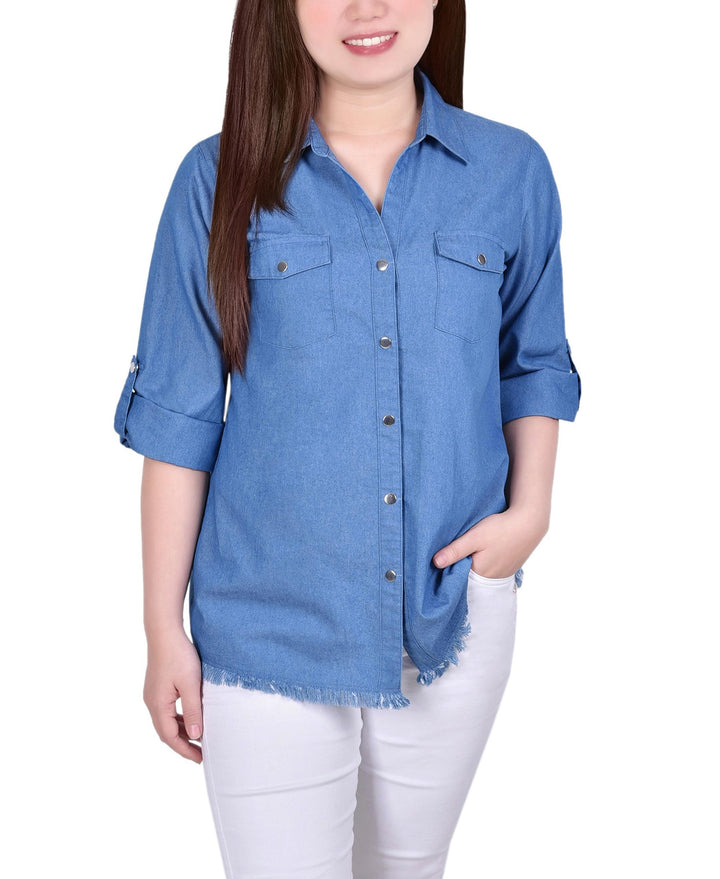 Petite Size 3/4 Roll Tab Chambray Blouse