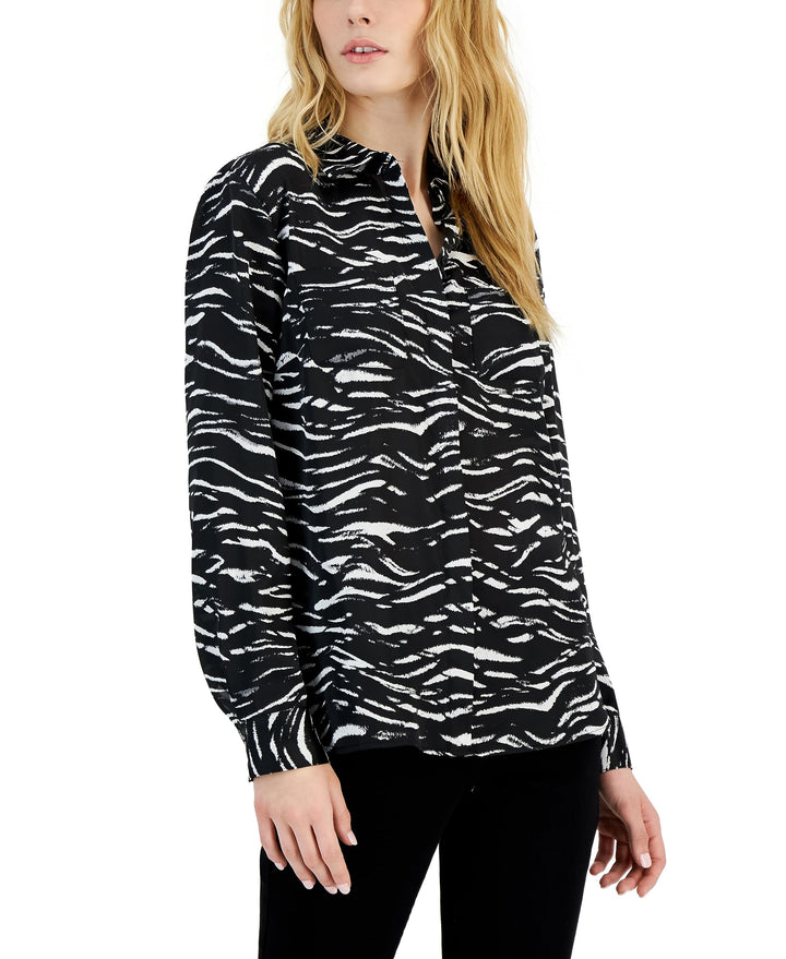 INC International Concepts Womens Printed Button Front Pocket Detail Top