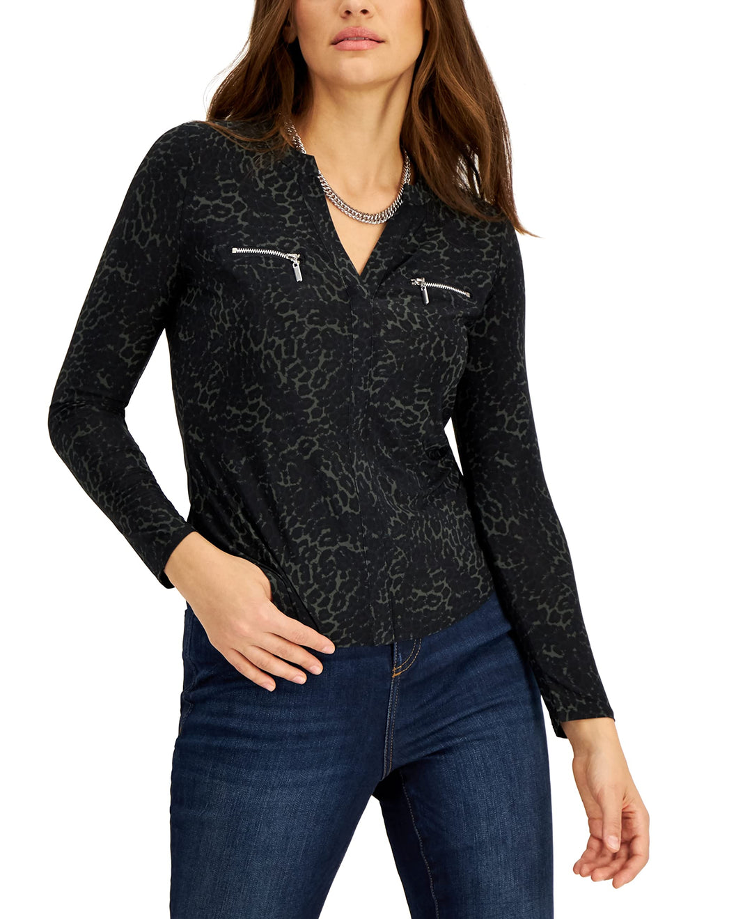 International Concepts Womens Print Zip Pocket Top In