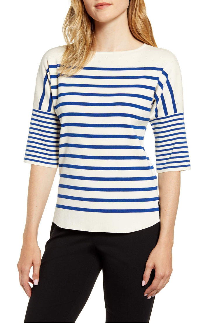 Anne Klein Striped Boat-Neck Sweater (Anne White/Cezanne Blue, XXS)