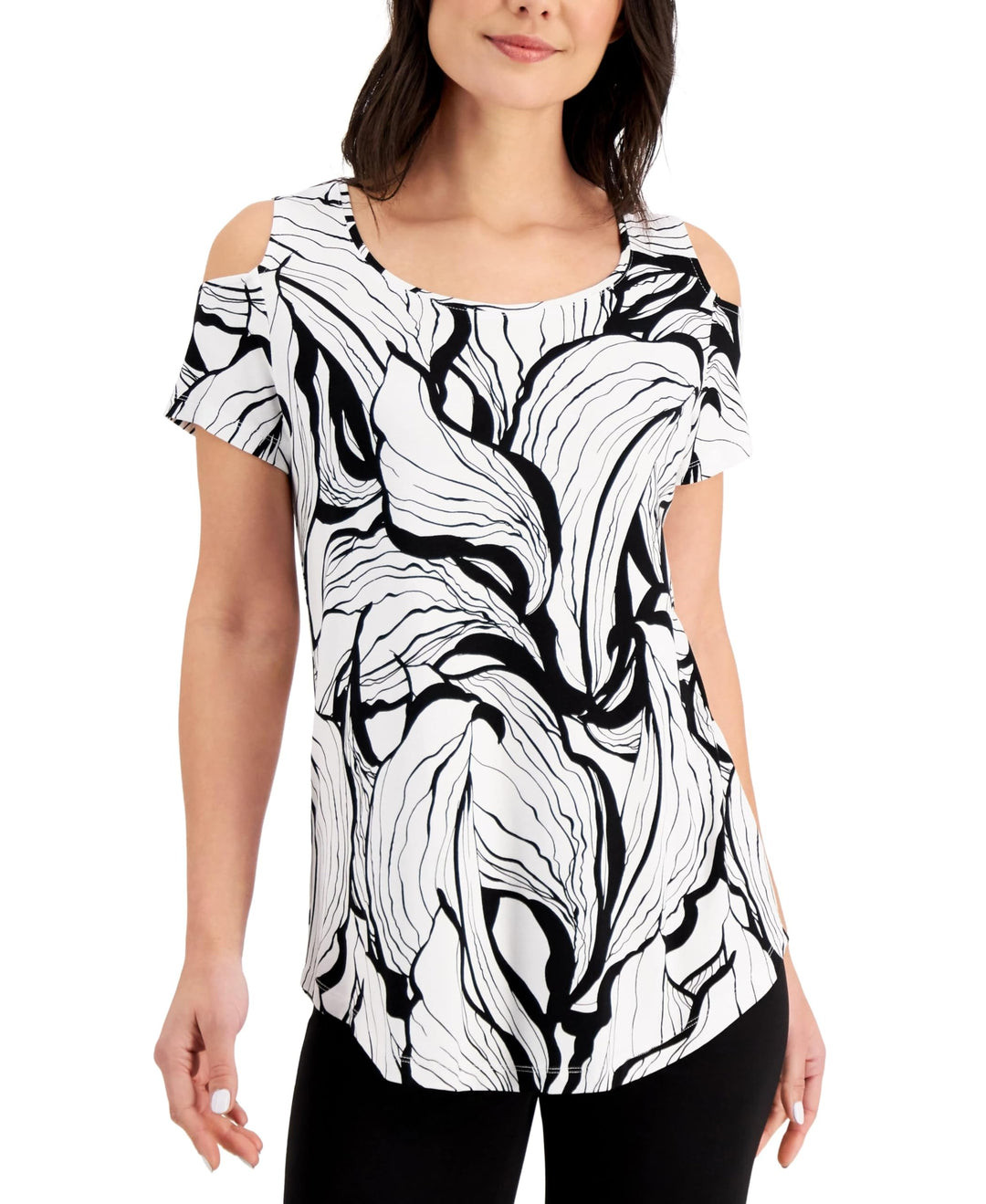 JM Collection Floral Print Cold Shoulder Top