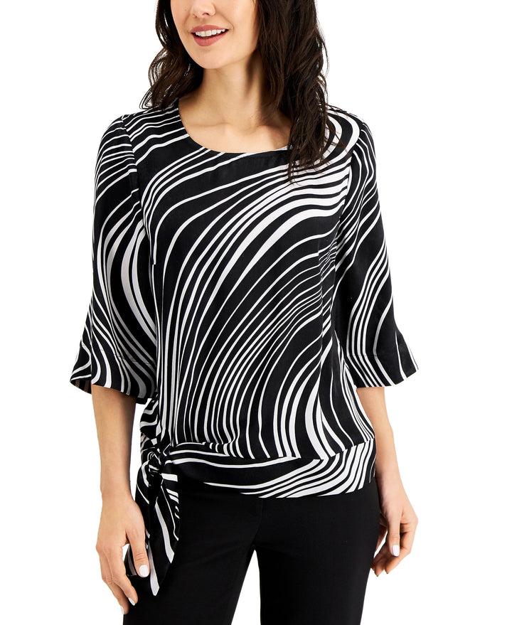 JM Collection Swirl Print Tie Hem Flare Sleeve Top