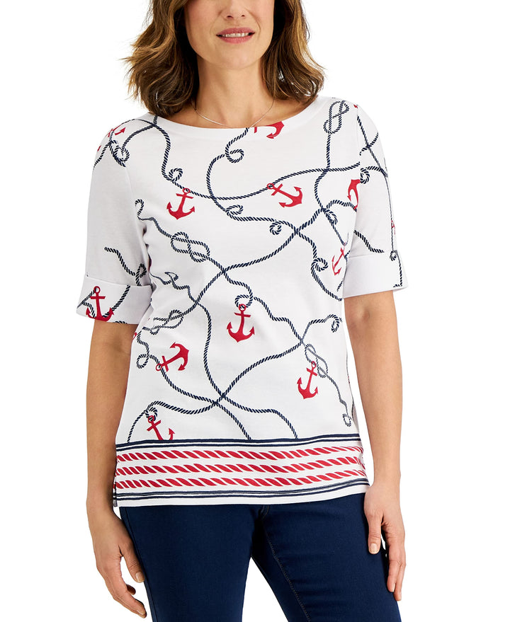Karen Scott Petite Anchor Print Boatneck Top