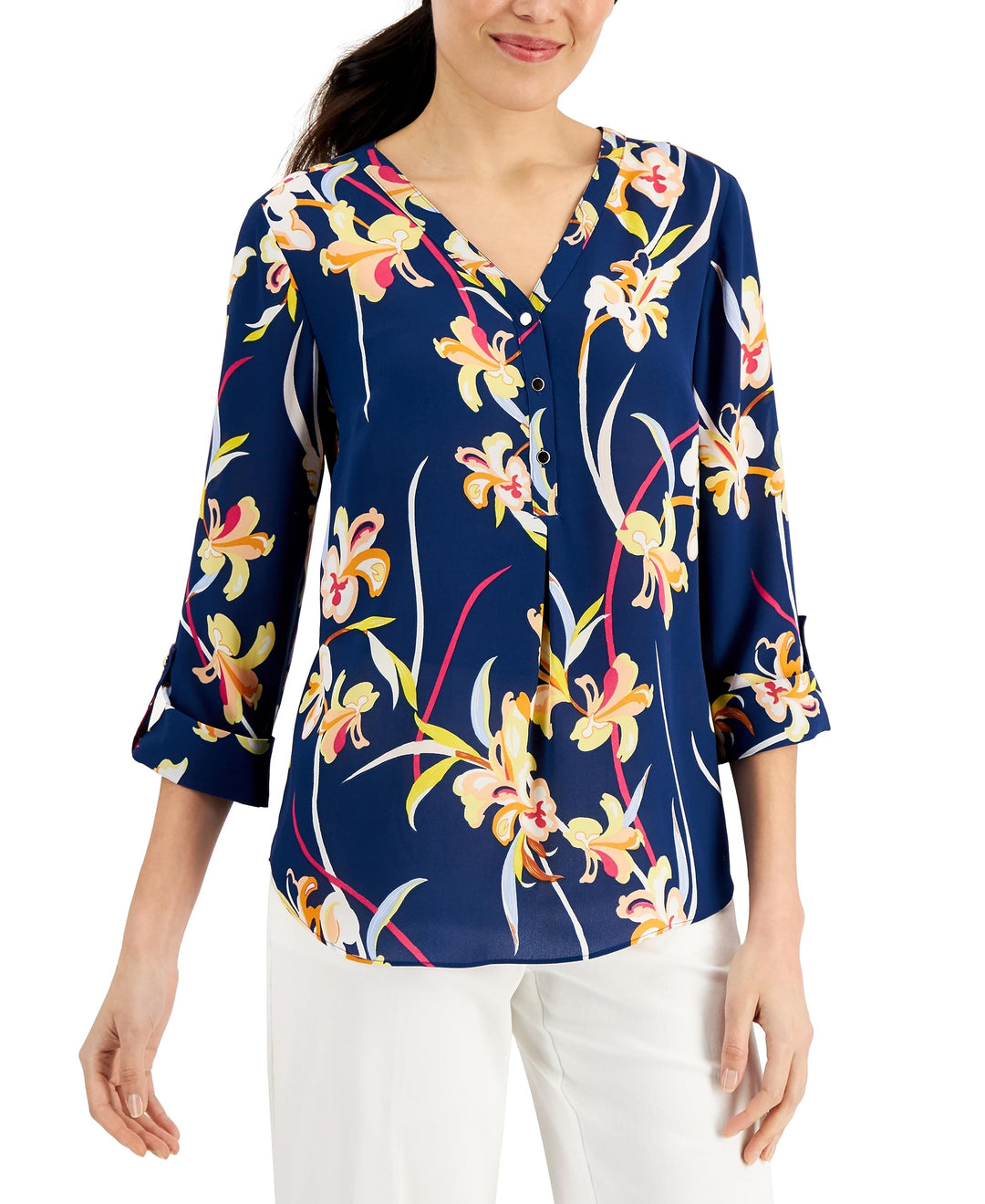 JM Collection Garden Grove Printed Tab Sleeve Top
