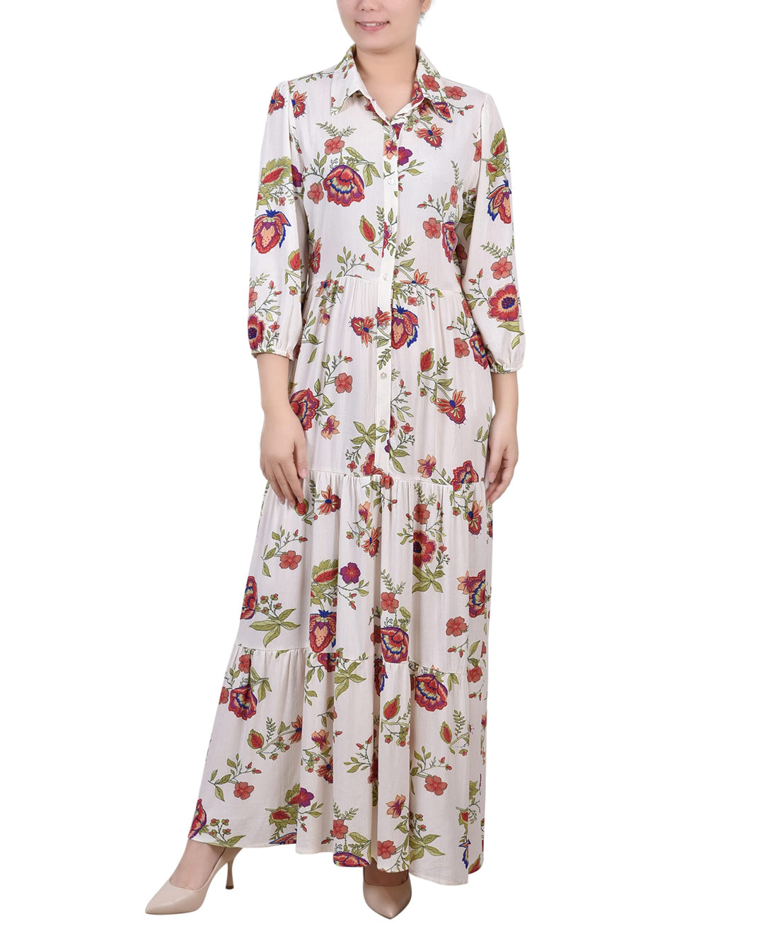 NY Collection Petite 3/4 Sleeve Crinkle Tiered Maxi Dress