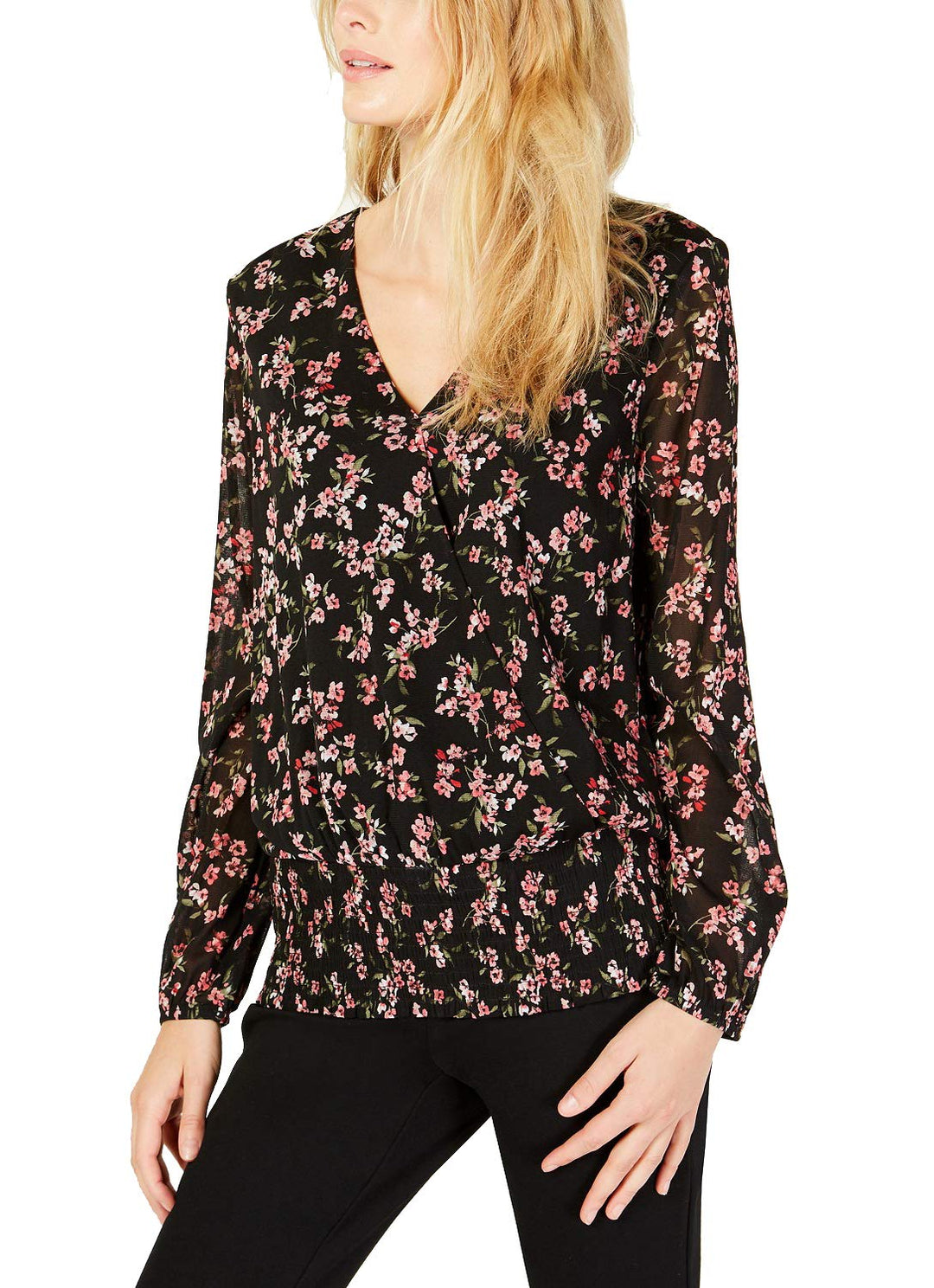 Printed Surplice Smocked Waist Top