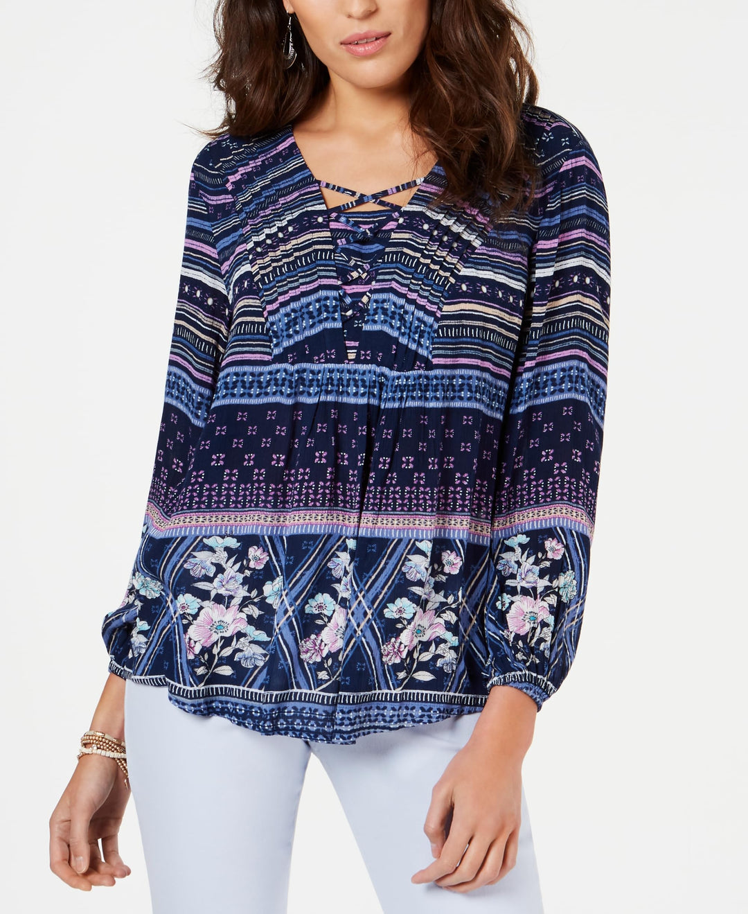 Style & Co Printed Pintucked Lace Up Top