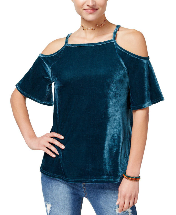 Juniors' Velvet Cold-Shoulder Top