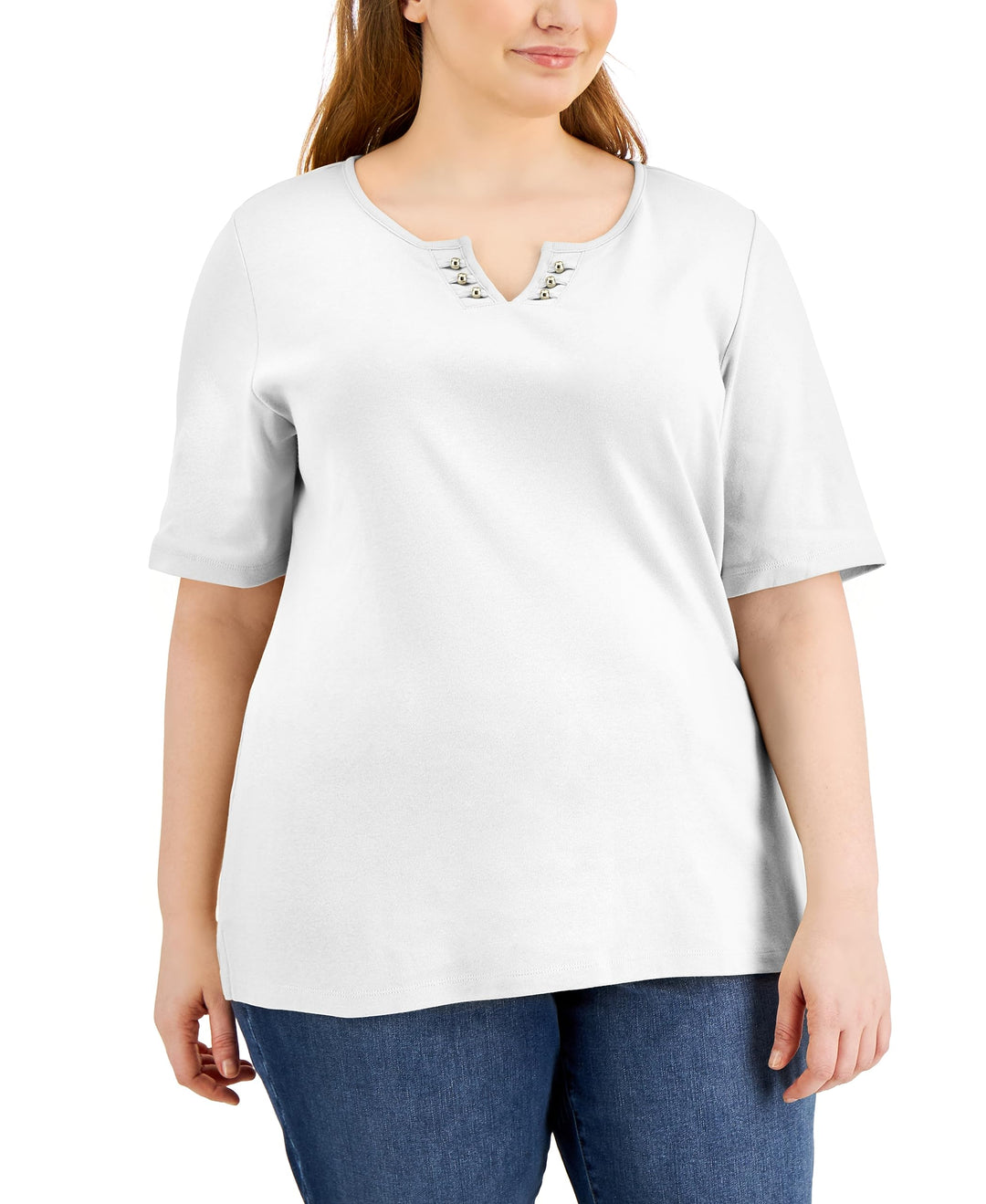 Karen Scott Plus Size Cotton Split Neck T-Shirt