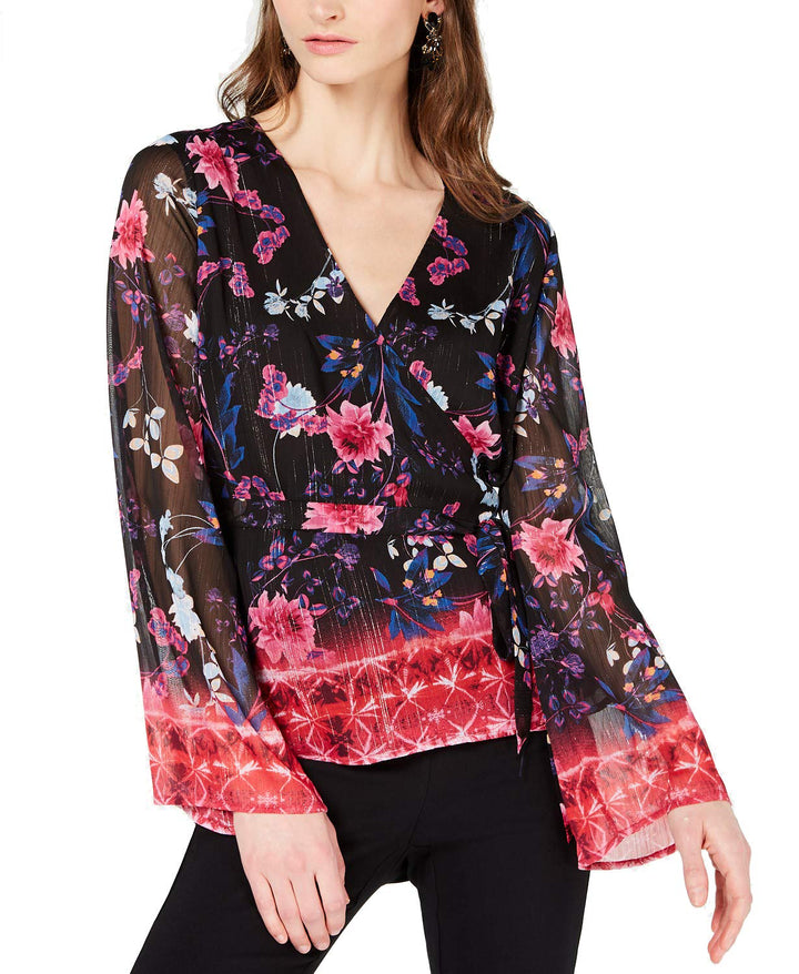 Printed Bell Sleeve Wrap Top