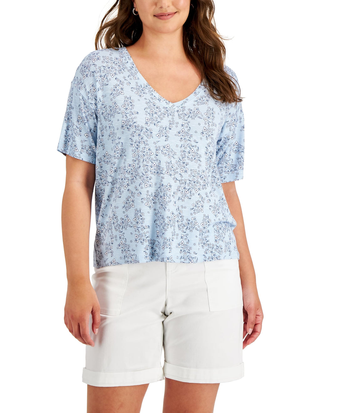 Style & Co Womens Drop Shoulder Floral Print T-Shirt