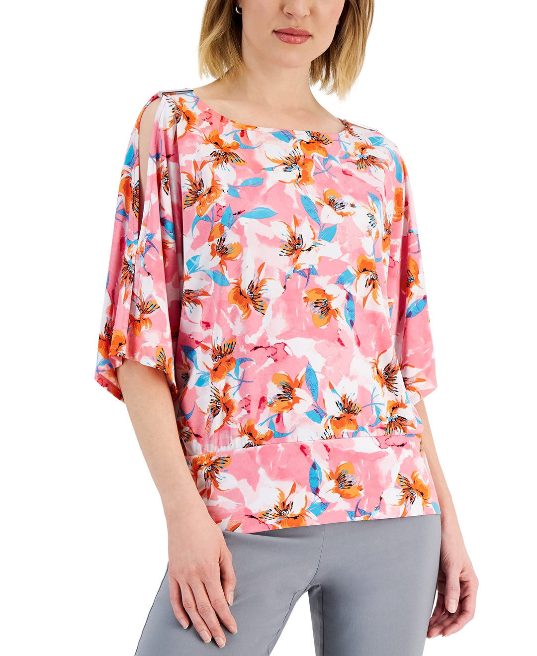 JM Collection Womens Abstract Print Cutout Sleeve Top
