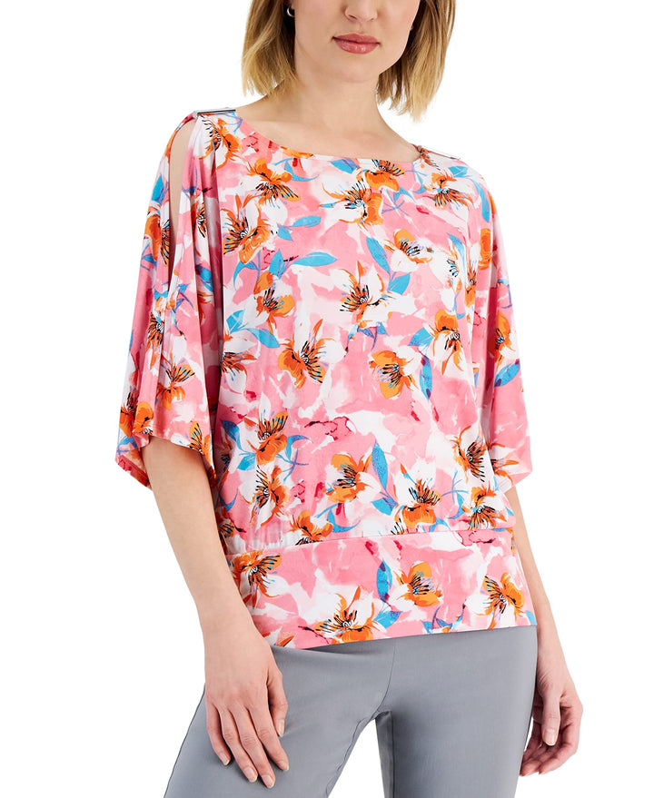 JM Collection Womens Abstract Print Cutout Sleeve Top