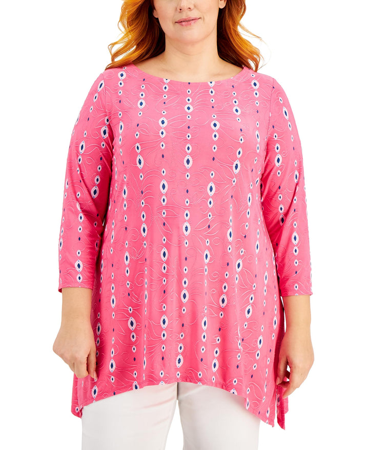 JM Collection Plus Size Printed Jacquard Handkerchief Hem Top