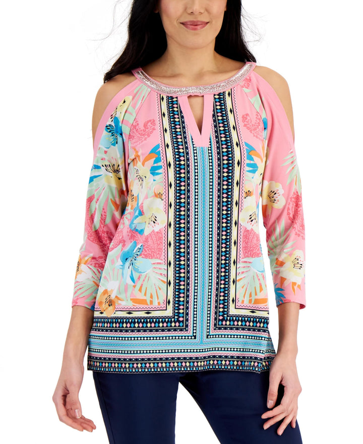 JM Collection Womens Mixed Print Cold Shoulder Top