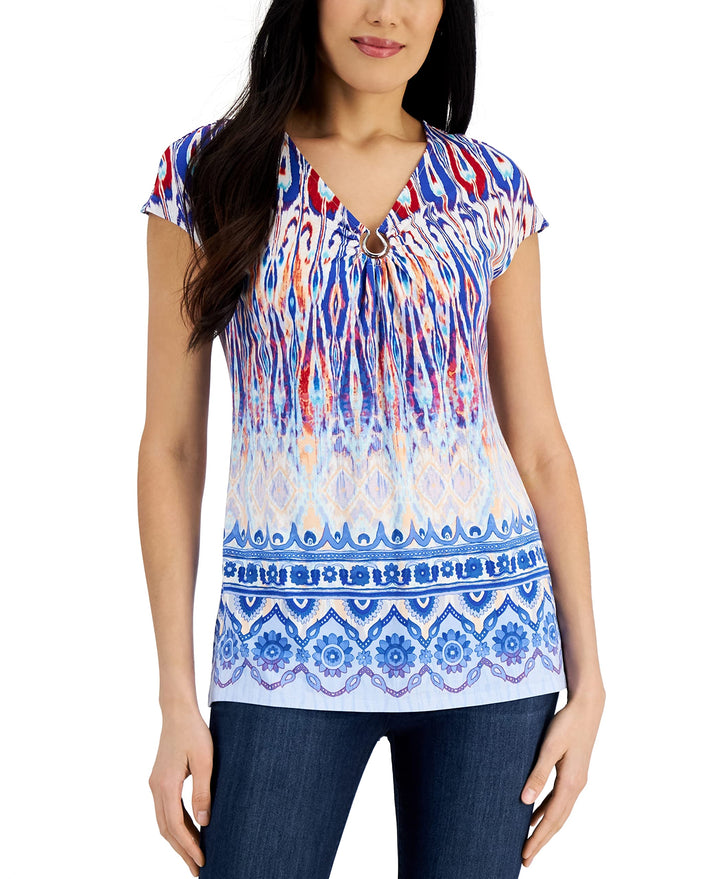 JM Collection Womens Ikat Print Ring Top