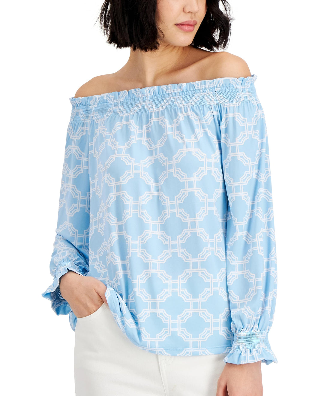 Charter Club Petite Printed Off The Shoulder Top