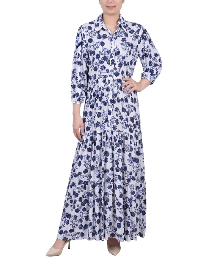 NY Collection Petite 3/4 Sleeve Crinkle Tiered Maxi Dress