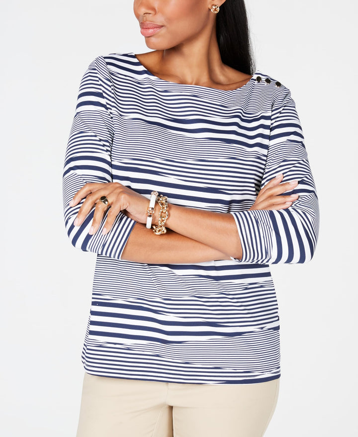 Charter Club Button Shoulder Striped Top